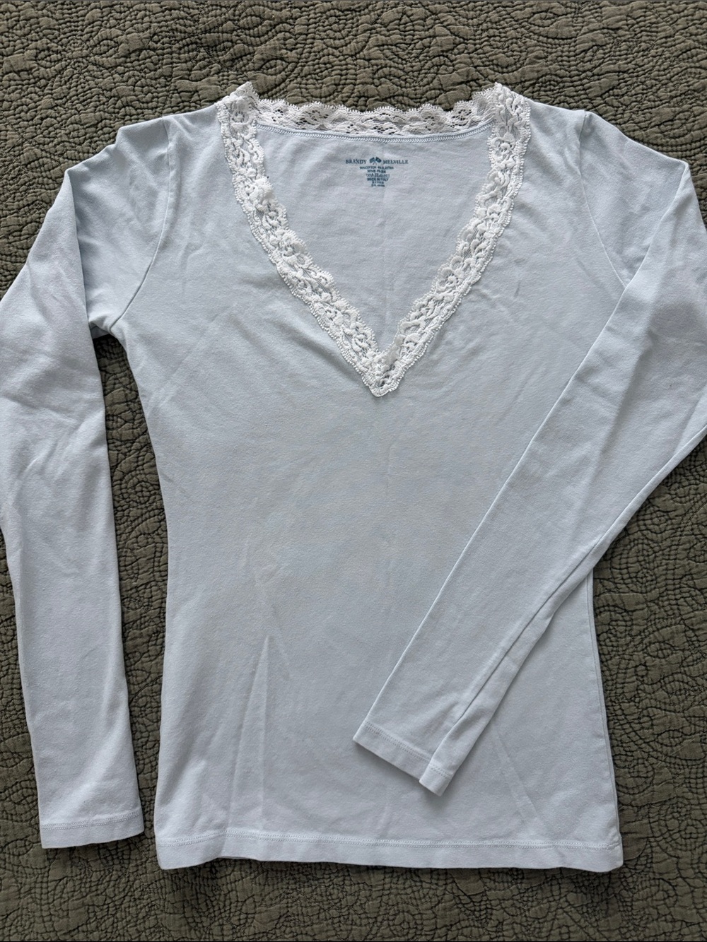 Brandy Melville Lace-Trim V-Neck Long Sleeve Top - Light Blue